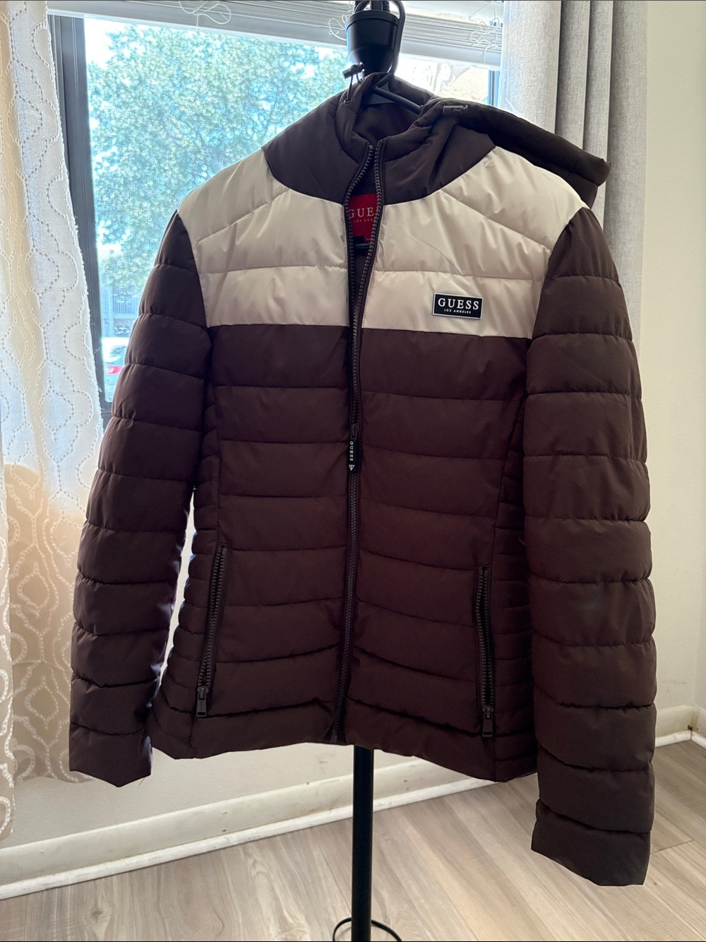 GUESS Brown and Cream Quilted Puffer Jacket